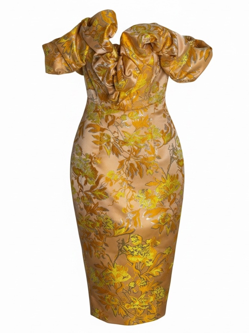 NWT Eliya The Label Brielle Off The Shoulder Jacquard Midi Dress Orange Yellow